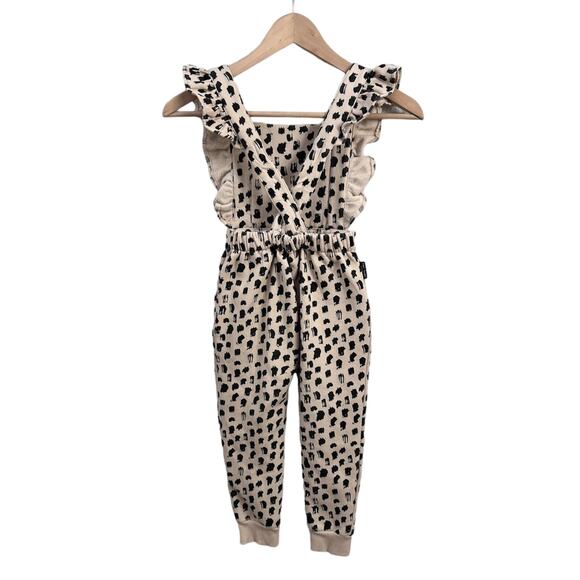 Tiny Tribe Girls Jumpsuit 4T Beige Black Abstract Animal Print Ruffle Straps - Picture 2 of 12